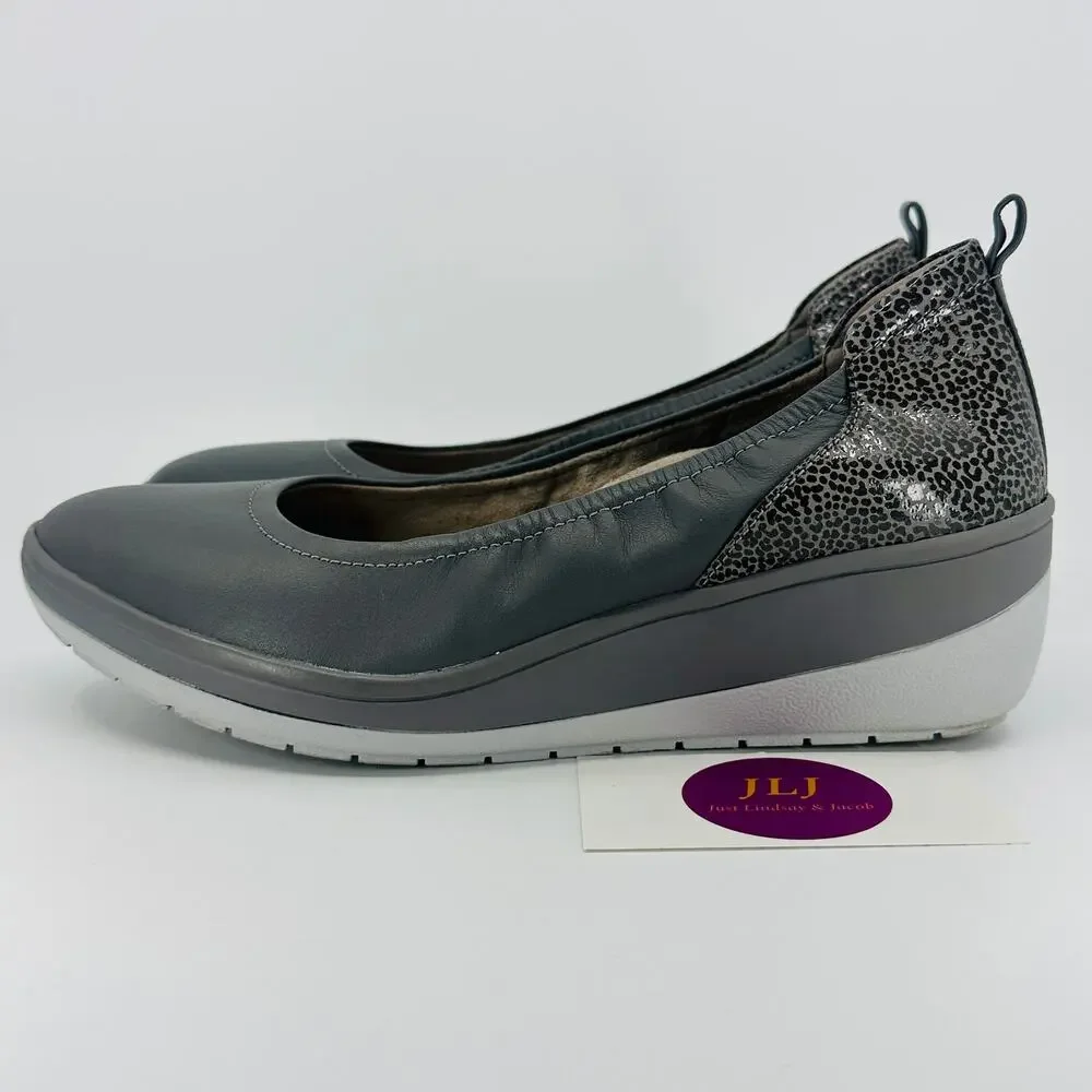 Vionic Women's Jacey Gray Leather Slip On Comfort Wedges Charcoal/Leopard Size 8